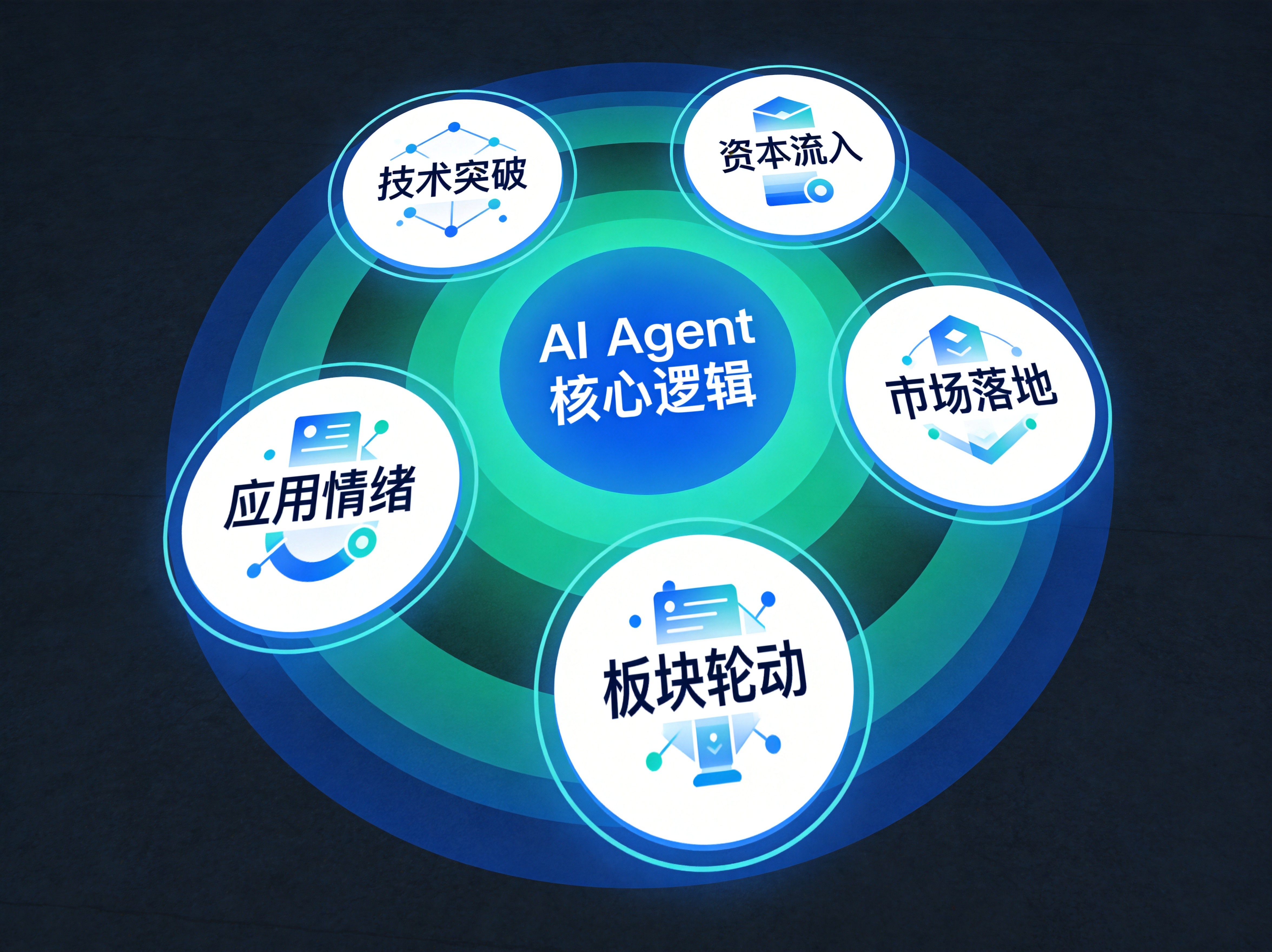 蓝绿色投资策略示意图，展示技术突破、资本流入、应用落地、市场情绪、板块轮动五大核心逻辑