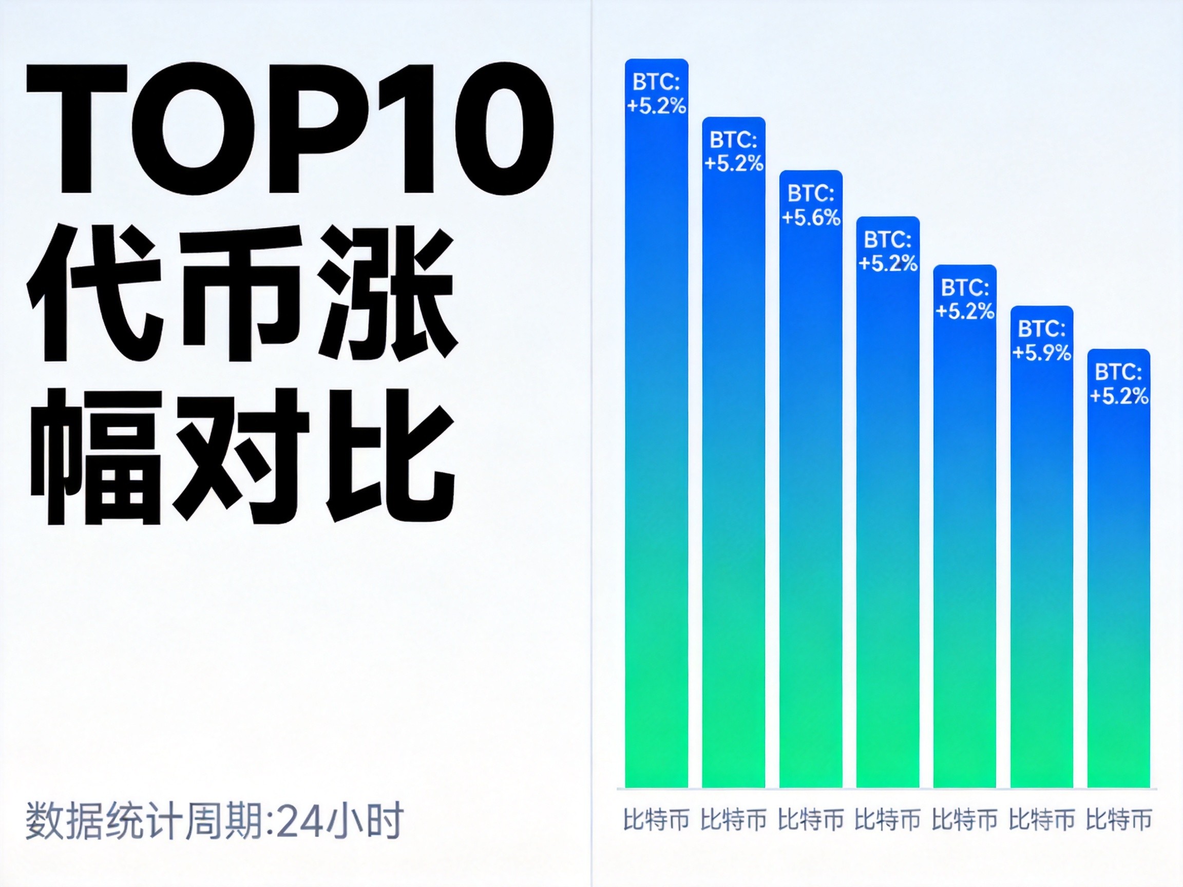 蓝绿色柱状图展示TOP10代币涨幅对比，标注代币代码和百分比