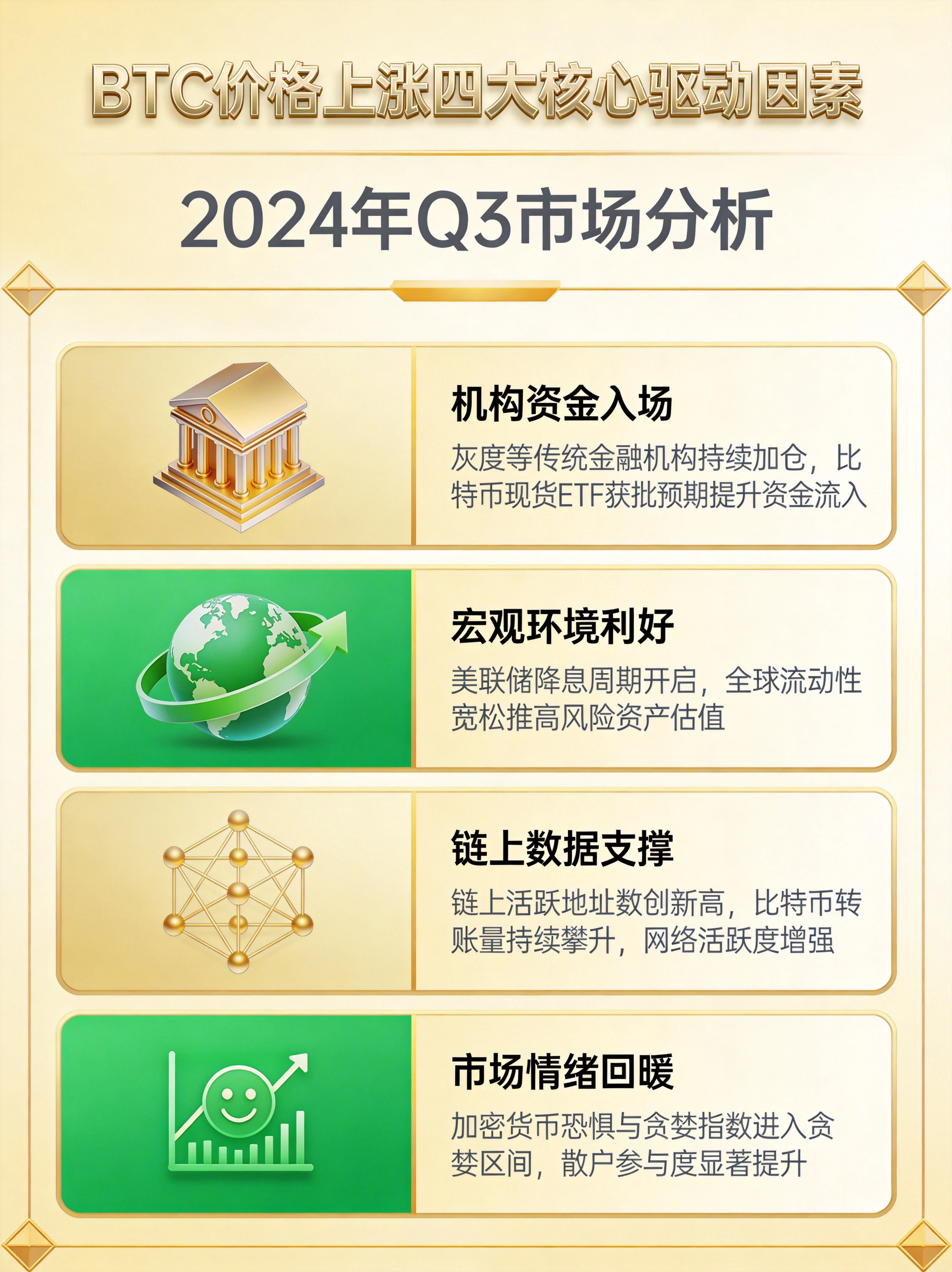 BTC价格上涨四大核心驱动因素图，展示机构资金入场、宏观环境利好、链上数据支撑、市场情绪回暖四个方面的推动力量