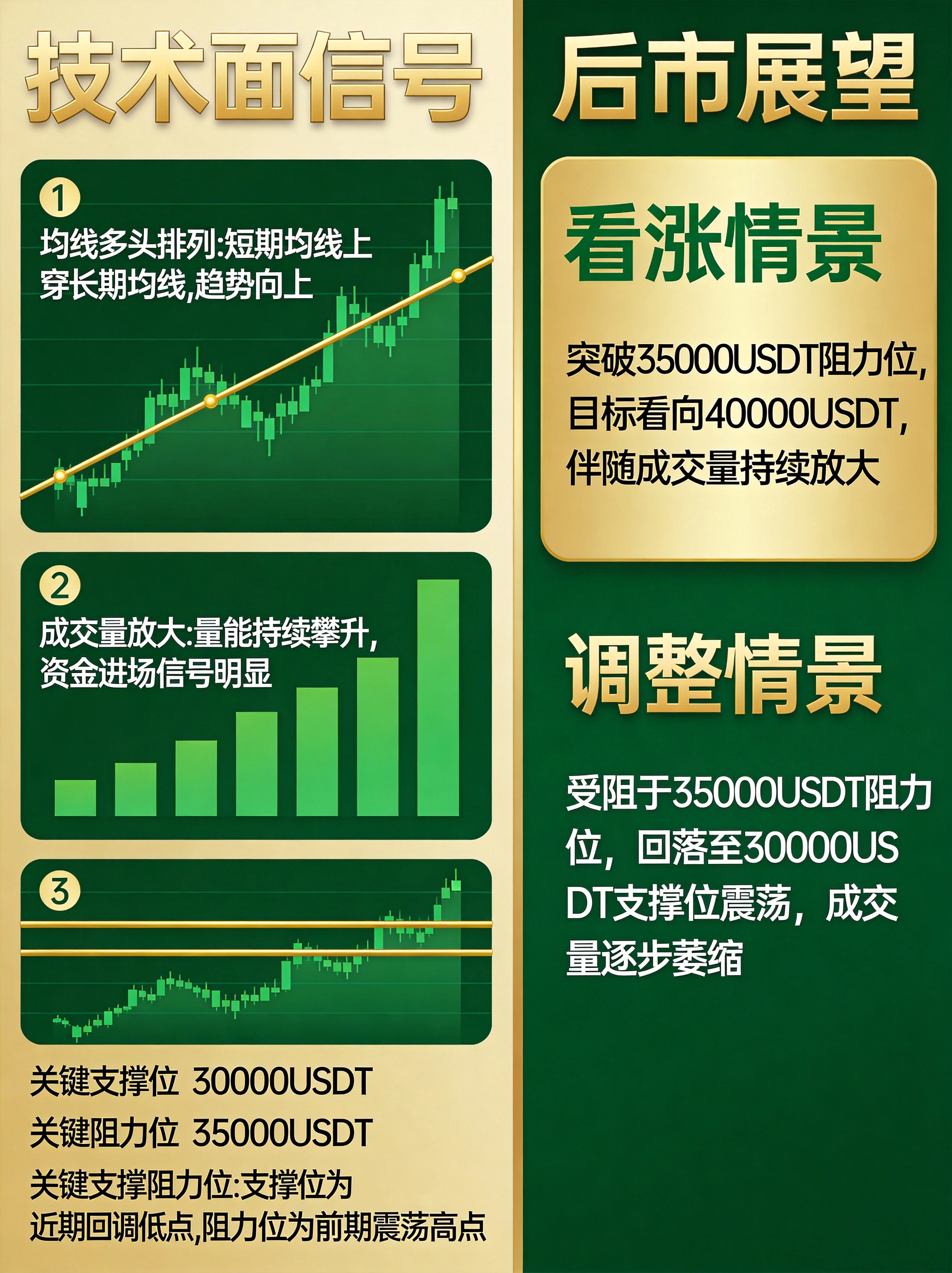 BTC行情技术分析与后市展望信息图，展示均线多头排列、关键支撑阻力位等技术信号，以及看涨和调整两种后市情景分析