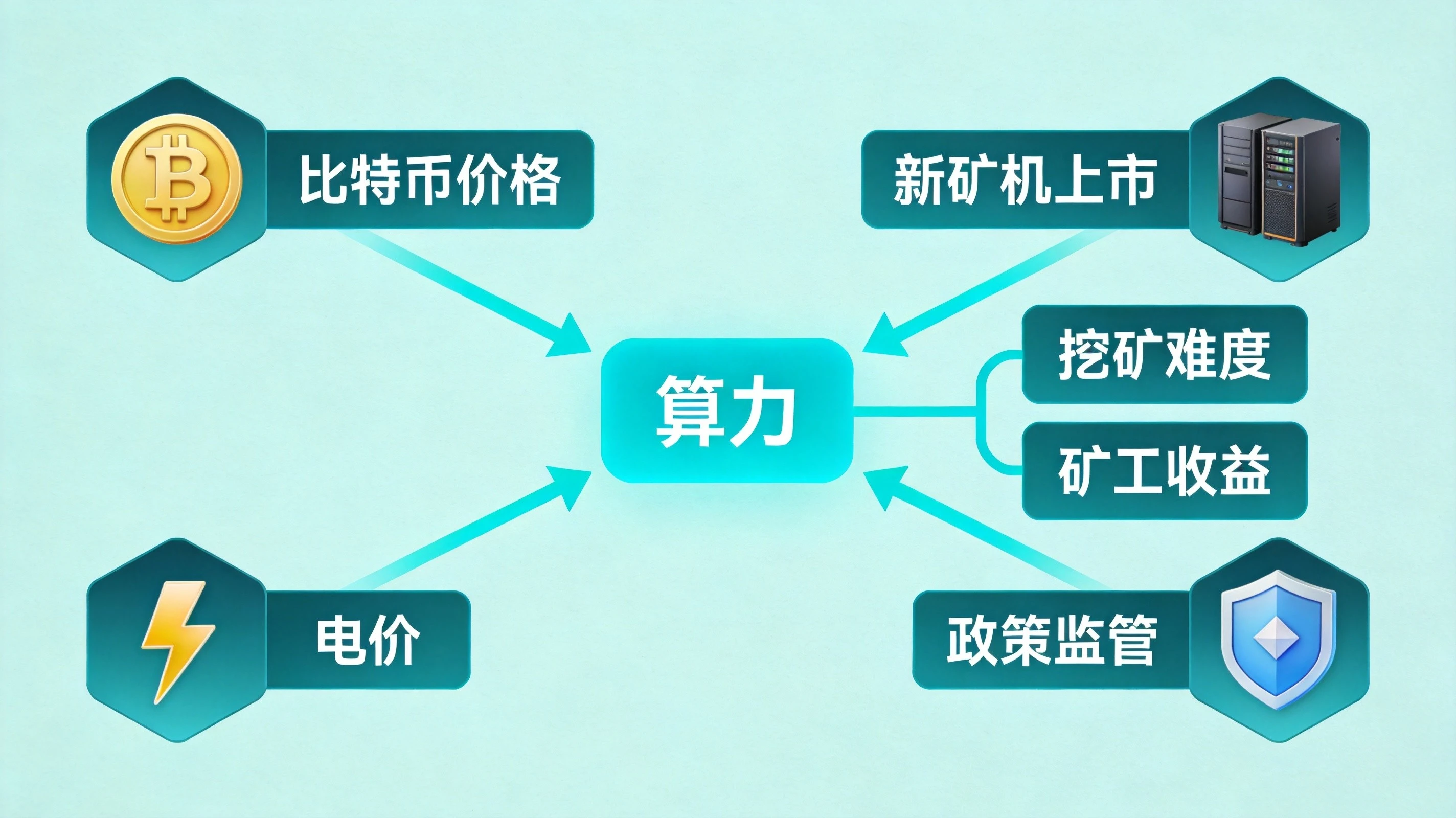比特币算力变化核心逻辑关联图，清晰呈现比特币价格、电价、新矿机上市、政策监管四个核心驱动因素，以及它们与算力、挖矿难度、矿工收益之间的传导逻辑，帮助读者理解算力变化的底层因果关系