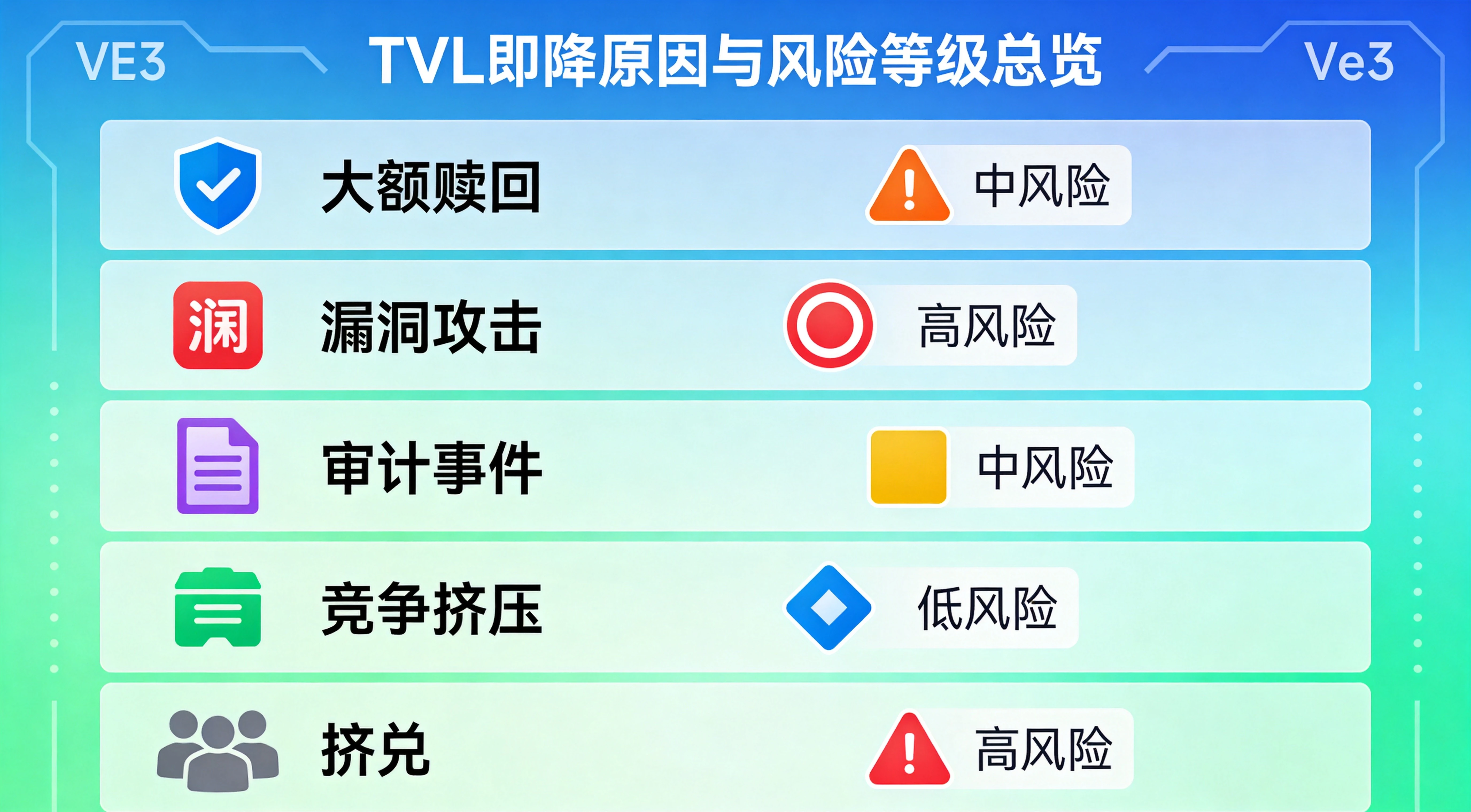 TVL骤降原因与风险等级总览图，完整呈现大额赎回、漏洞攻击、审计事件、竞争挤压、挤兑5种常见原因，以及对应的5个预警信号和红橙黄三级危险等级，帮助读者快速判断TVL下跌的风险程度